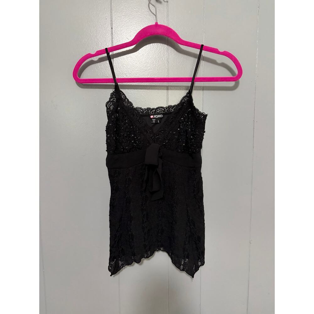 Vintage Y2K XOXO Black Lace Beaded Bow Sharkbite Hem V-neck Camisole Top L